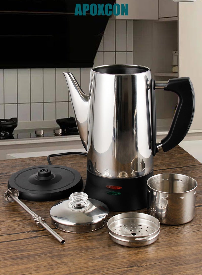 APOXCON Electric Coffee Percolator Stainless Steel Coffee Maker with Two Heat Resistant Tough Glass Clear Brew Progress Knob Classic Look Keep Warm & Cordless Serving Coffee Pot 12 Cup - Image 2